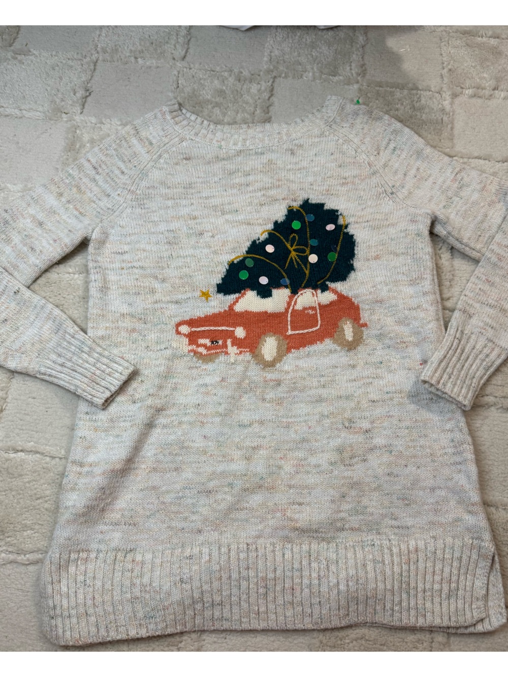 Lauren Conrad Cream Speckled Knit sequin Christmas tree Car Sweater Size Small